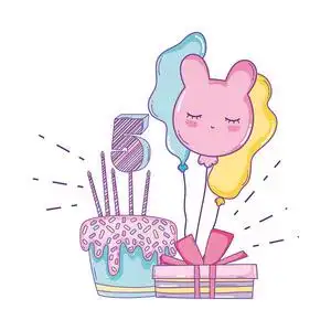 蛋糕和气球图生日快乐5号带蛋糕和气球带礼品盒卡通片矢量插图平面
