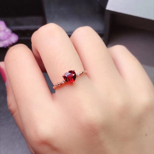天然鸽血红色石榴石戒指开口女s925银时尚红宝石指环韩心形简约