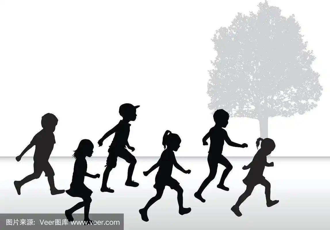 孩子们的剪影在白色的背景上奔跑.