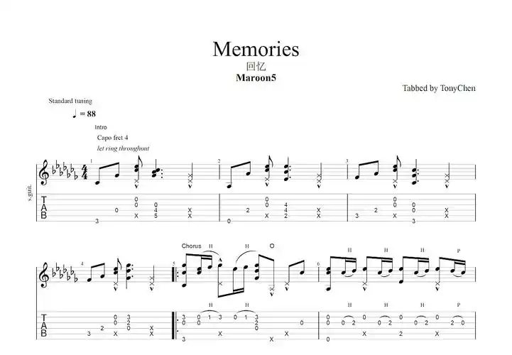 memories吉他谱_maroon5_c调指弹吉他谱 - 吉他世界