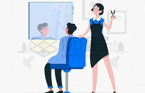 卡通美女理发师正在剪头理发店美容美发扁平插画png图片素材