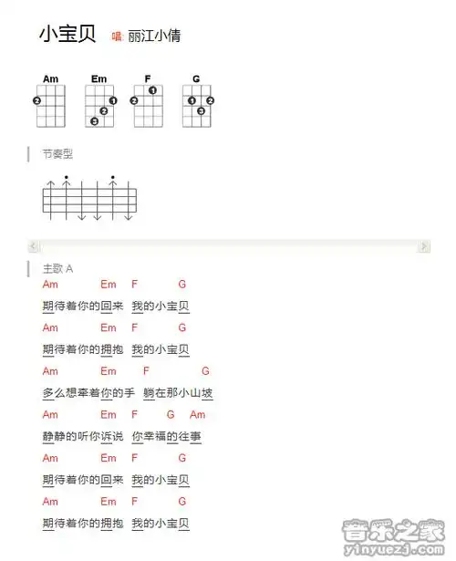 版本一 丽江小倩《小宝贝》尤克里里弹唱谱