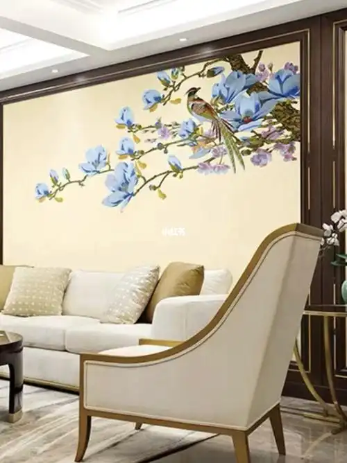 新中式背景墙怎么选玉兰独绣刺绣背景墙布