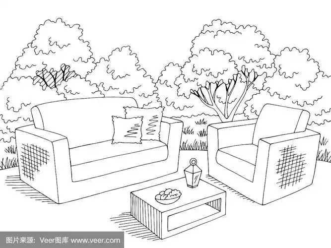 花园图形后院沙发扶手椅桌子黑白素描插图向量