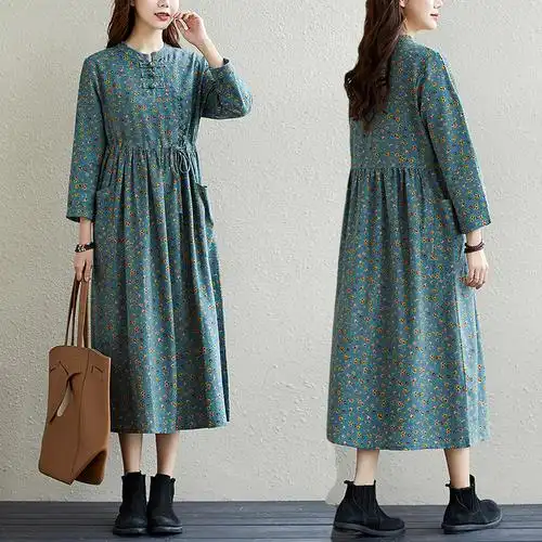 韩版碎花棉麻连衣裙女春秋新款文艺宽松显瘦大码长袖亚麻裙中长款