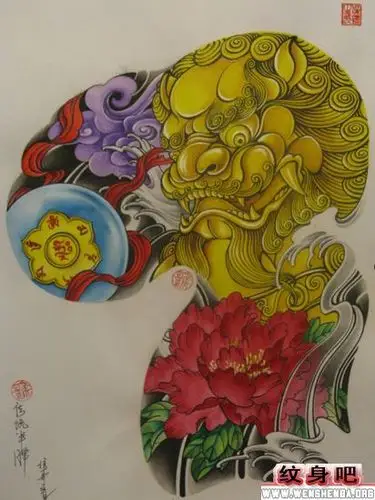 彩色狮子牡丹半甲纹身作品