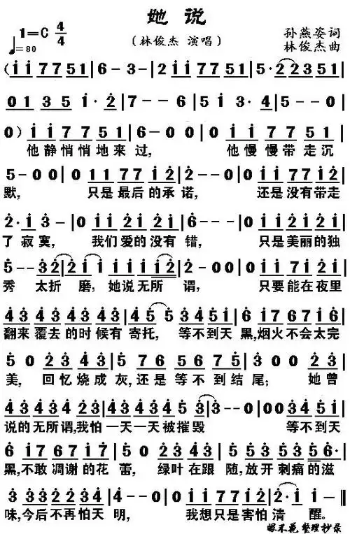 他说 张碧晨 歌谱 简谱