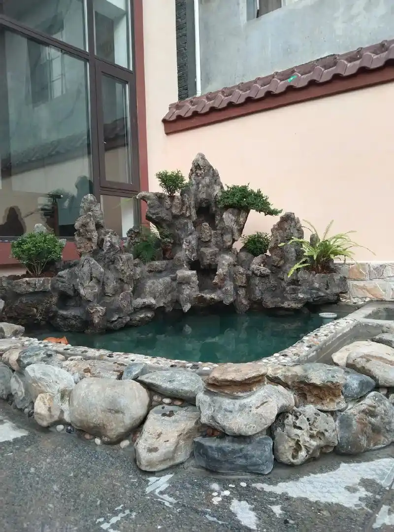 小院鱼池假山设计 #假山制作 #别墅庭院花园效果图 #假山 - 兑趑