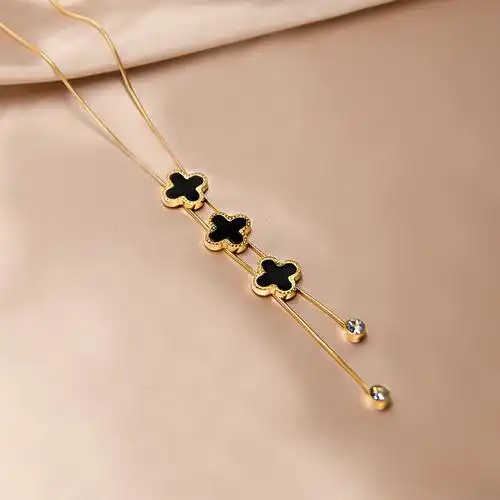 跨境新款钛钢18k金四叶草项链女复古高级感流苏锁骨链