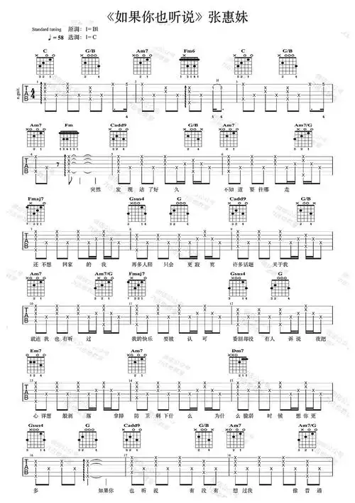 张惠妹如果你也听说吉他谱c调吉他弹唱谱