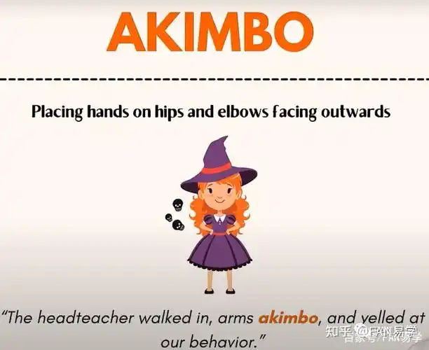 facing outwards 将手放在胯部上,胳膊肘朝外 (叉腰)"the headteacher