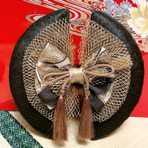 日本艺伎歌舞伎后脑勺戴的蝴蝶结金线提花黑色发包边夹头饰