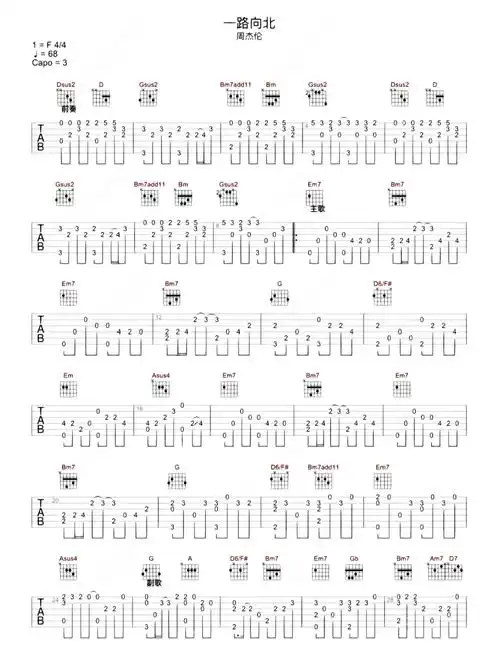 一路向北周杰伦吉他指弹谱