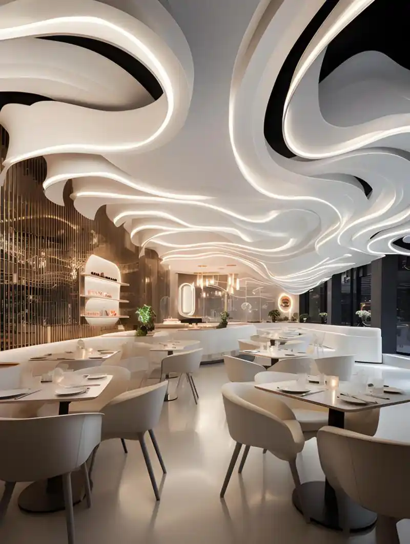 沙漠流沙造型,波浪处衔接灯带,餐厅氛围  - 流沙造型天花是一种独特而