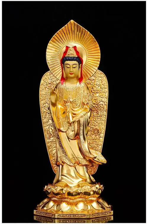 七宝莲佛具纯铜贴金阿弥陀佛西方三圣站像家用观世音菩萨铜佛像大势