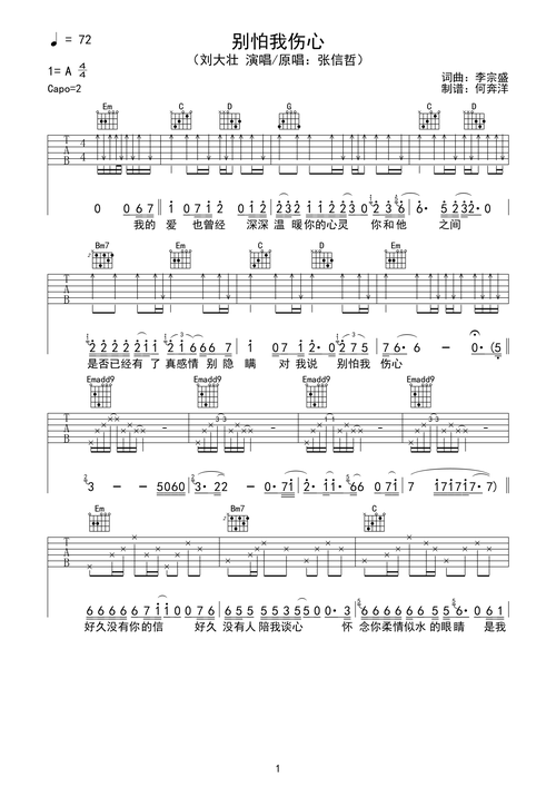 别怕我伤心吉他谱g调原版刘大壮张信哲六线谱