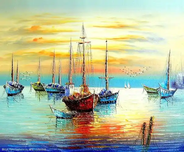 油画黄昏下的船只图片素材
