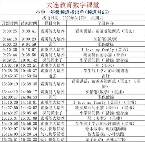 大连教育数字课堂课程表3月7日