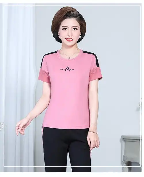 年轻妈妈夏装卫衣运动服中年女夏季短袖t恤中老年女装休闲两件套