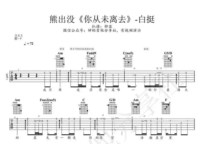 你从未离去(熊出没主题曲)吉他谱(图片谱,弹唱)_白挺 - 吉他社