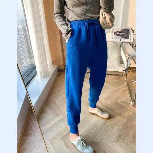 克莱因蓝裤子女2021新款秋冬小个子加绒卫裤设计感小众蓝色休闲裤