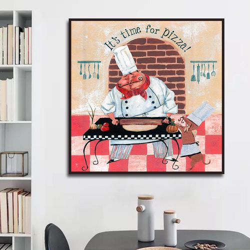 卡通小胖厨师烹饪披萨 diy数字油彩画手绘填色减压装饰挂画