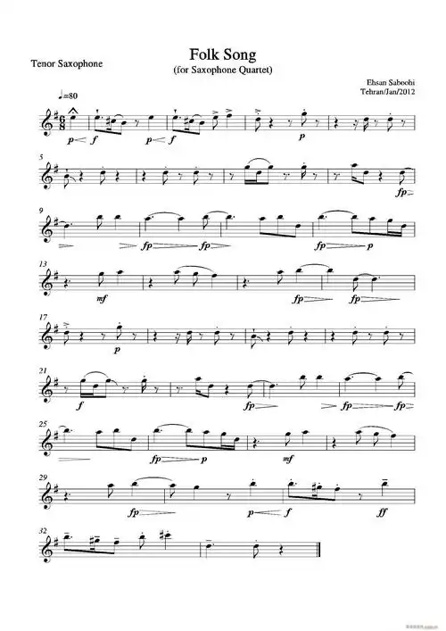 总谱 > folk song(四重奏次中音萨克斯分谱) crown皇冠,三贞五烈魏紫