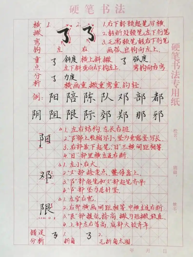 横撇弯钩写法: 右下轻顿起笔,扛肩写横,转折处顿笔,向左下行笔,稍停