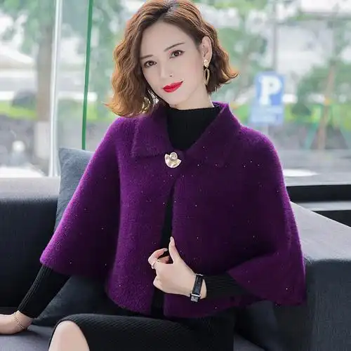 秋冬季开衫针织绒斗水貂短款旗袍外套毛衣外搭毛针织衫