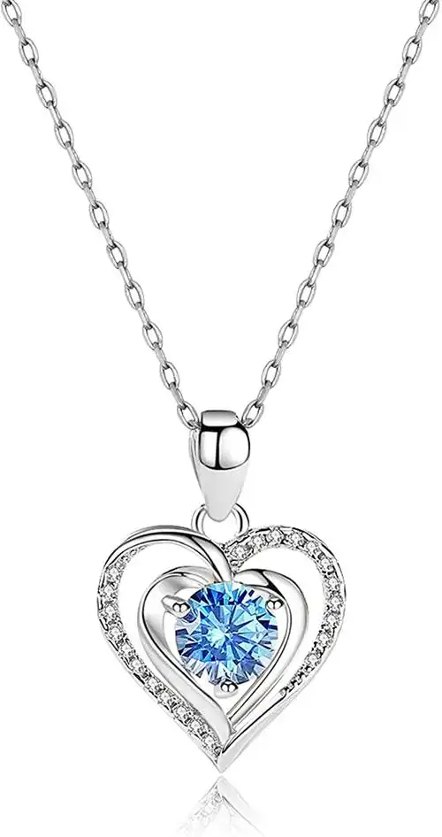 水晶诞生石心形钻石项链首饰女士女孩,镀白金方晶锆石永远爱光环项链