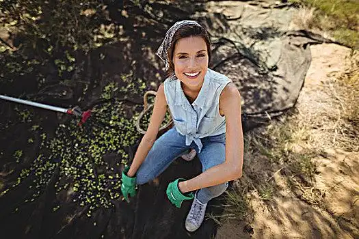 女人,微笑,头像,蹲,地点,橄榄,农场,俯拍