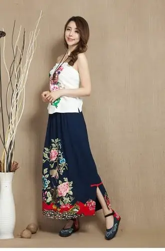 烟罗包邮原创民族风女裙棉麻亚麻拼接立体绣花松紧腰大摆裙半身裙