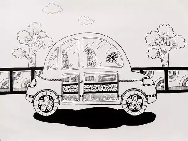 汽车侧面画画详细教程(小汽车场景线描画绘画过程)(1)