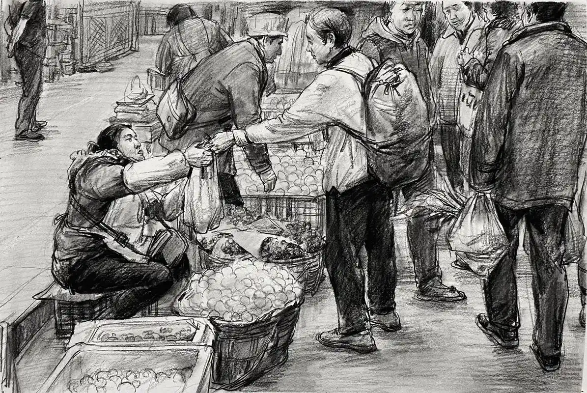 场景速写"菜市场"画大景要用色块意识去表现#场景速写 #命题 - 抖音