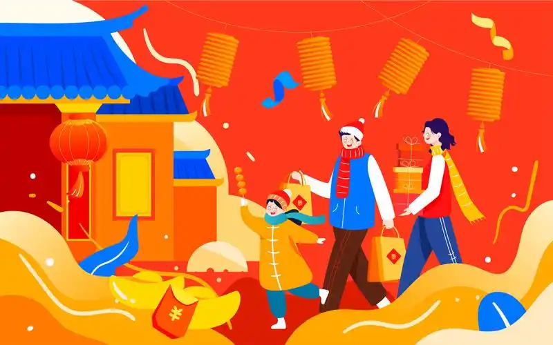 回家过年一家人春节拜年插画中国风新年海报