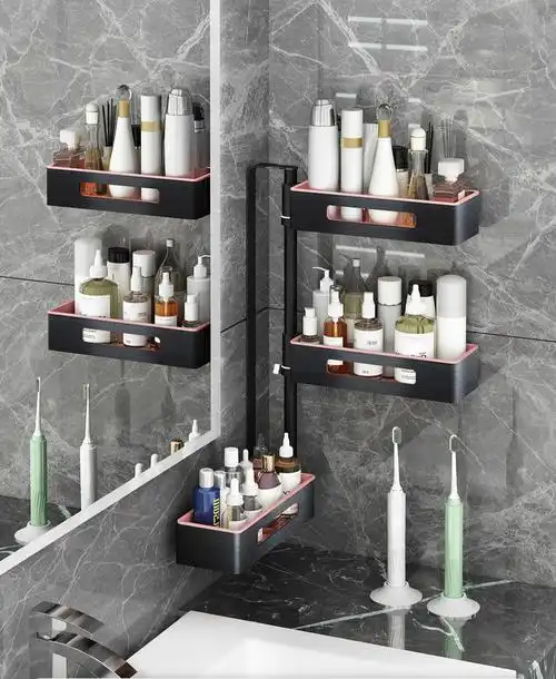 浴室置物架毛巾架多功能卫生间太空洗漱台收纳架牙刷浴室用品三层银白