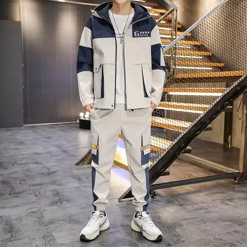 多口袋时尚男青少年学生宽松工装两件套夹克休闲裤2022春运动套装