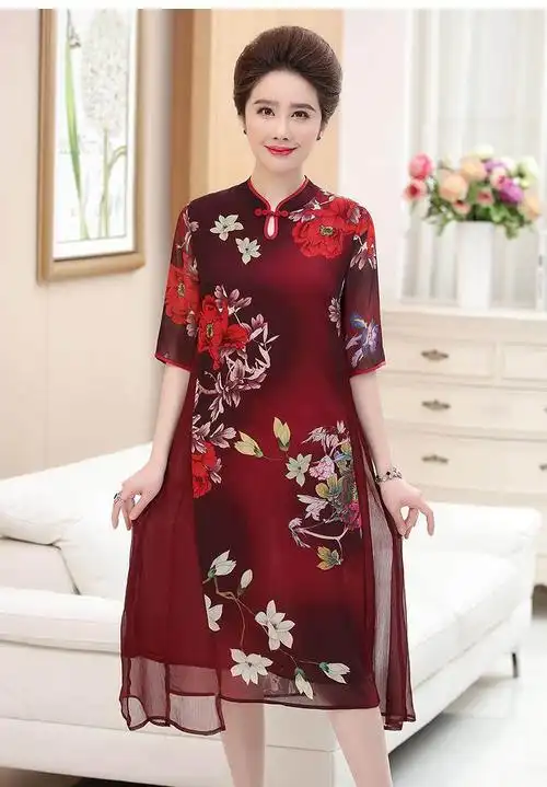 l妈妈装真丝中袖裙子中年妇女穿夏装旗袍中老年人过膝连衣裙夏季.