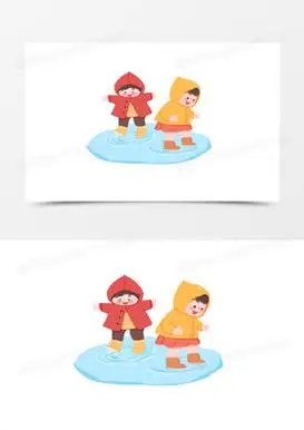 手绘卡通俩小孩子玩水踩水素材