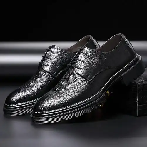 男士鳄鱼纹皮鞋系带男鞋温州正装商务牛皮厚底青年潮流韩版男单