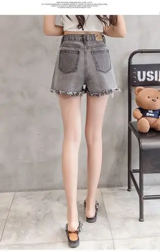 高腰破洞灰色毛边牛仔短裤女个性学生宽松阔腿热裤子女2018夏新款