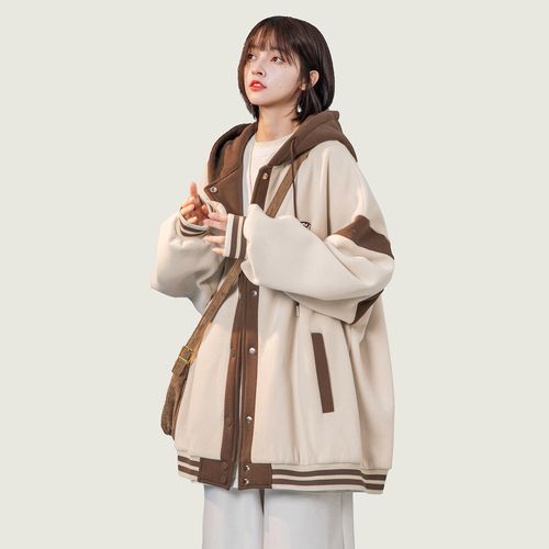 买一送一@wine 拼接撞色连帽卫衣外套女宽松中性风休闲夹克棒球服