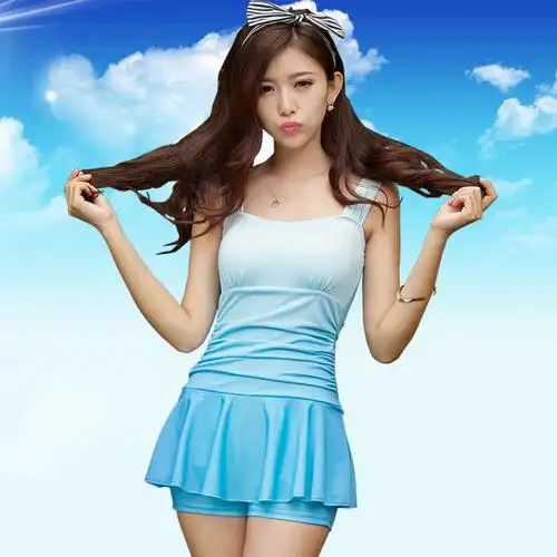 2021新款女式游泳衣女士连体裙式保守平角分体少女渐变色遮肚泳装