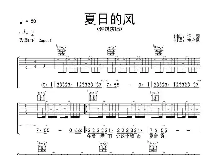 夏日的风吉他谱_许巍_f调弹唱六线谱_生产队上传