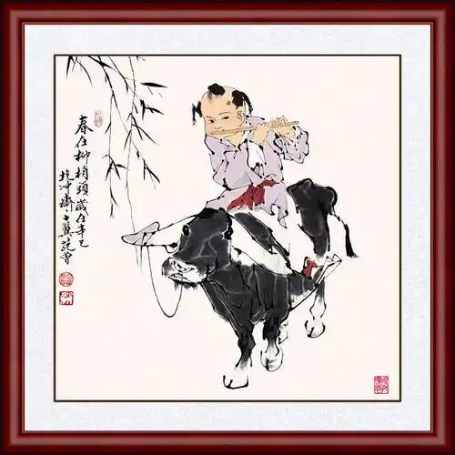 牧童骑牛吹笛挂画中式客厅玄关杏花村国画水墨现代装饰画