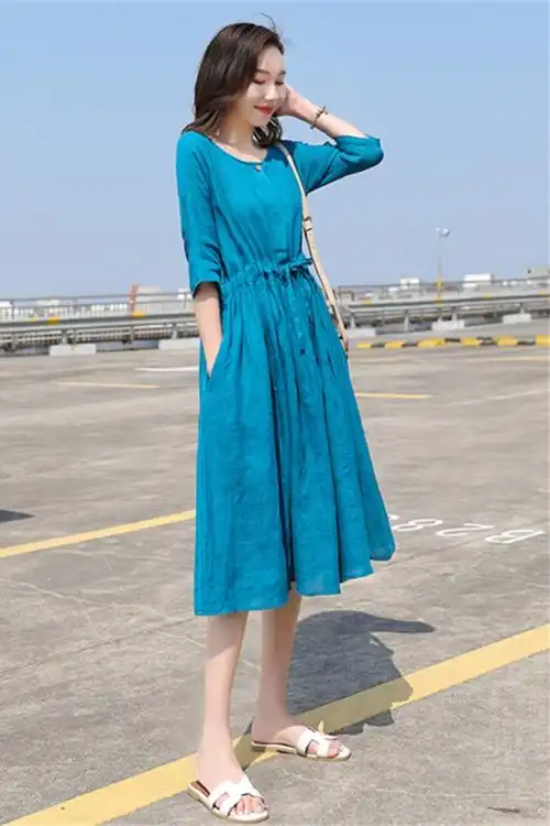 夏季新款女装韩版宽松过膝显瘦收腰系带文艺复古裙棉麻连衣裙
