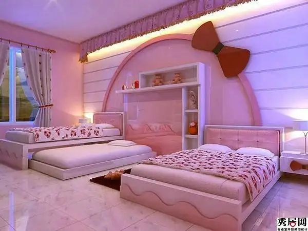 双胞胎儿童房白色木质背景墙装饰粉色半圆形卡通动物头磨砂玻璃效果图