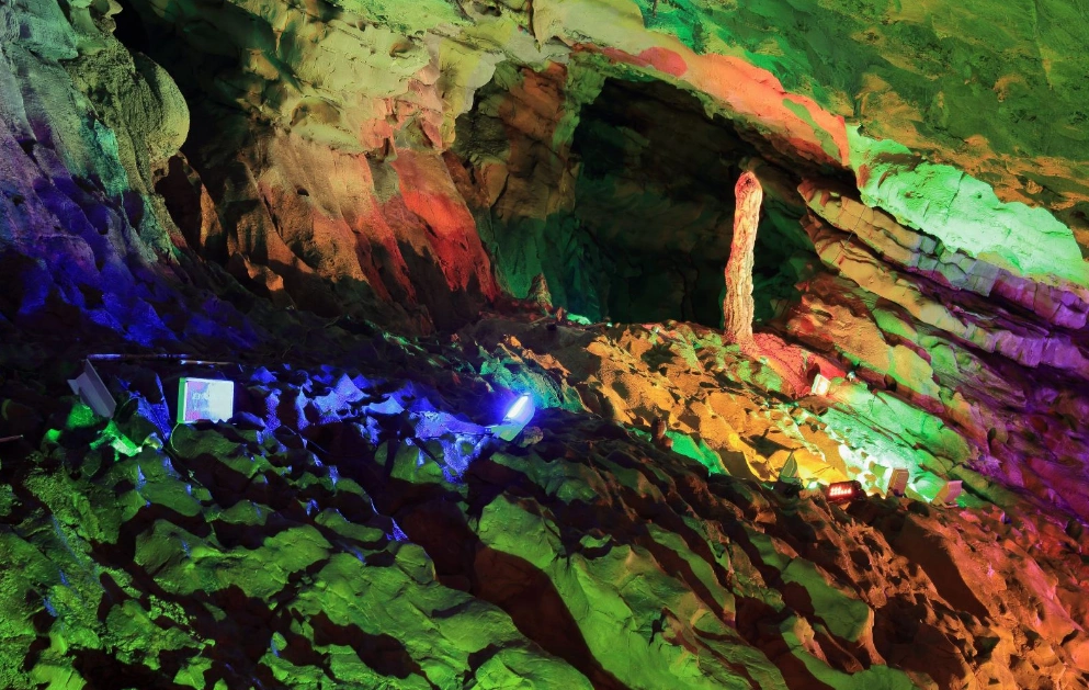 溶洞中河道流出的水汇为多处深潭,星罗棋布,深潭里生活着种类繁多的