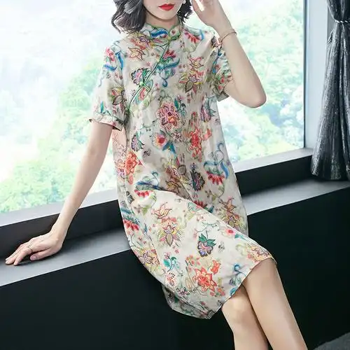 女中国风大码胖mm桑蚕丝连衣裙中裙改良杭州真丝旗袍2020春夏新款