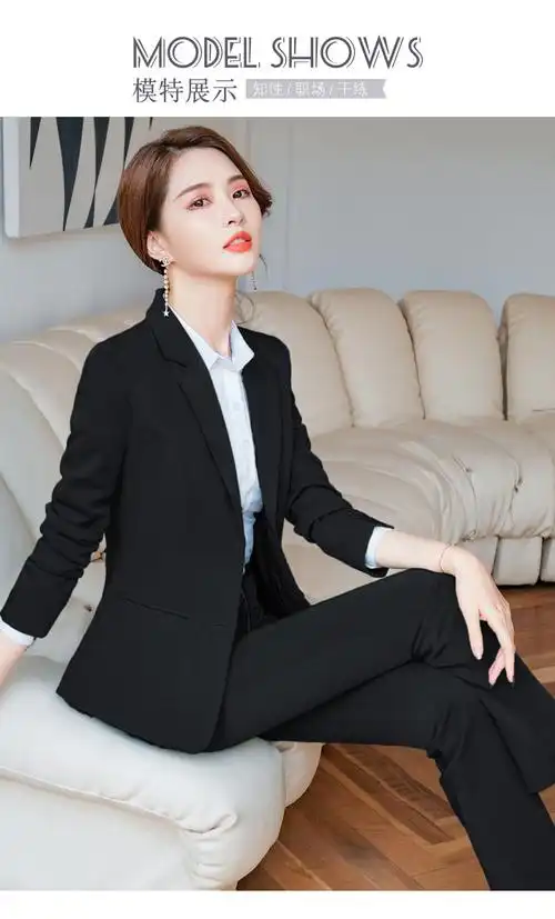 2020新款秋冬职业装女套装长袖职业西装业务员经理二粒扣藏青色